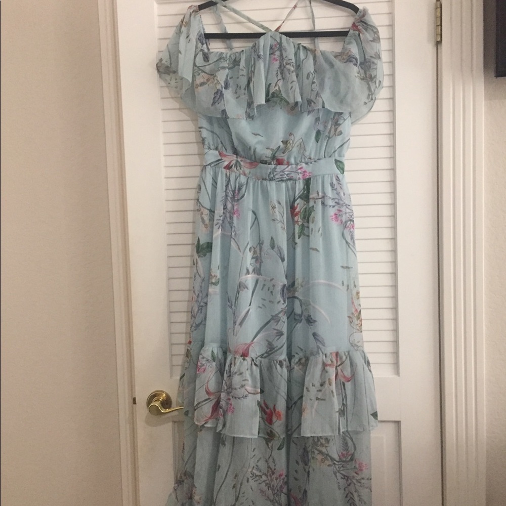 Flowy floorlength halter  w/ruffle offshoulder